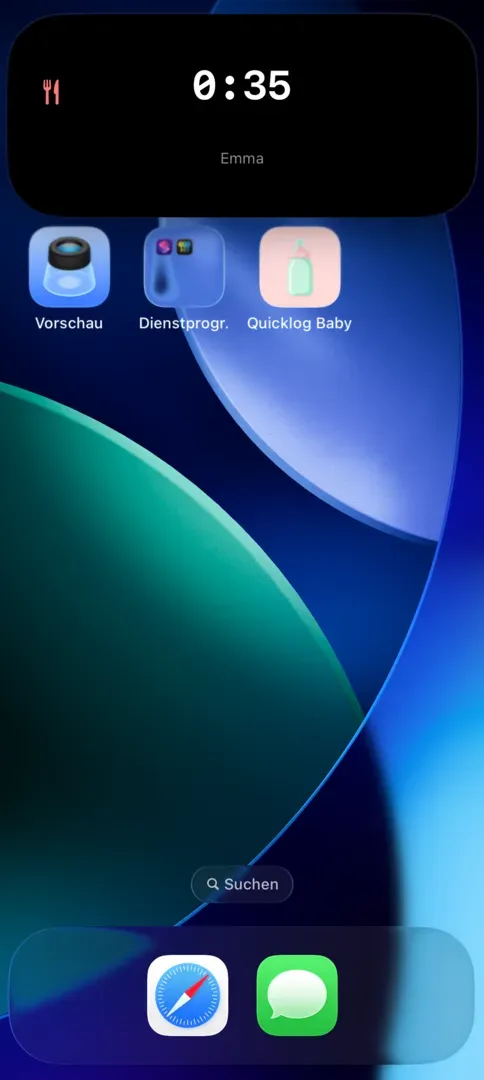 iPhone Home Screen mit Quicklog Baby Timer in der Dynamic Island.