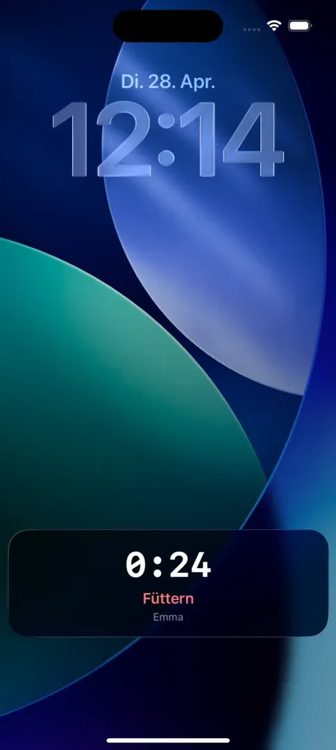 iPhone Sperrbildschirm mit Quicklog Baby Live Aktivität für einen laufenden Fütterungs-Timer.