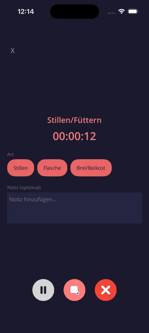 Quicklog Baby Fütterungs-Timer in der iOS-App mit Auswahl für Stillen, Flasche und Brei.