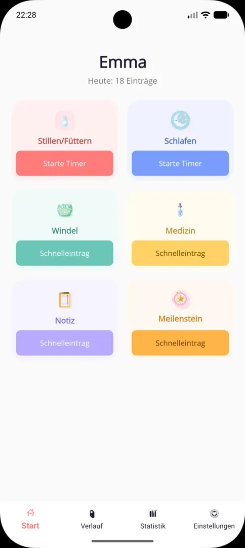 Startbildschirm mit sechs Aktionsbuttons