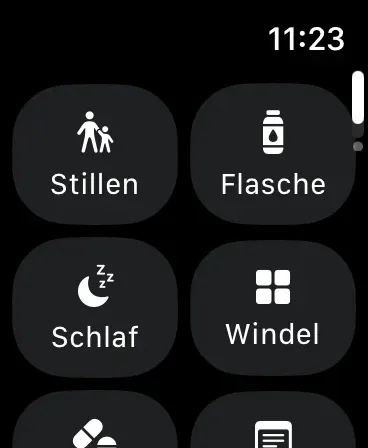 Quicklog Baby Apple Watch App mit großen Kacheln für Stillen, Flasche, Schlaf und Windel.