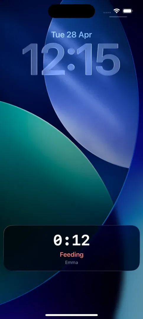 iPhone Lock Screen with a Quicklog Baby Live Activity for a running feeding timer.
