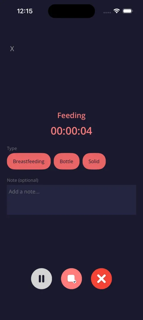 Quicklog Baby feeding timer in the iOS app with options for nursing, bottle and solids.