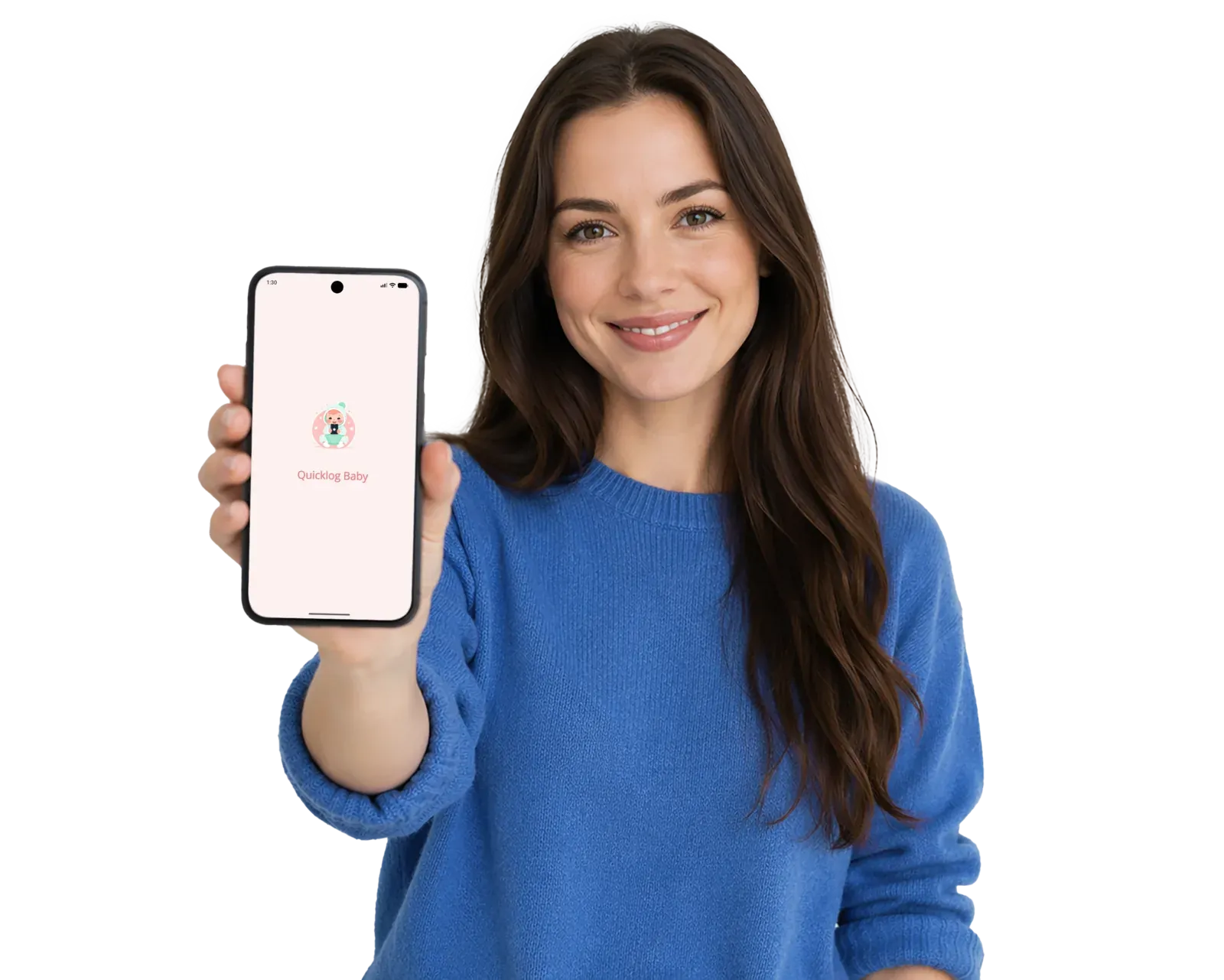 Mother holding up her smartphone showing the Quicklog Baby app — six large action buttons on the home screen